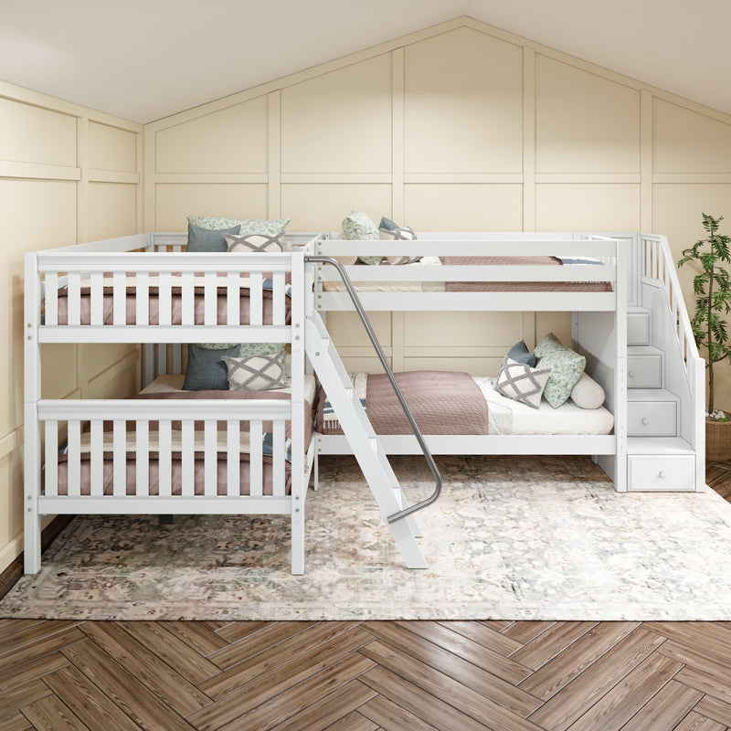 JOINT XL WS : Quad Corner Bunk Full XL + Twin XL Medium Corner Bunk with Angled Ladder and Stairs on Right, Slat, White