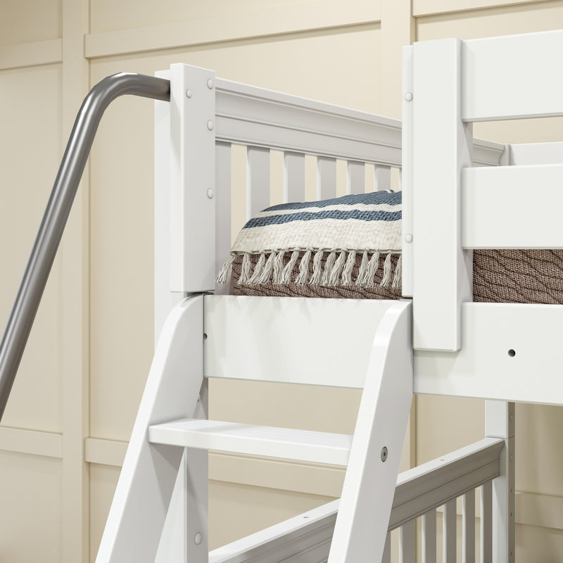 JOINT XL WS : Quad Corner Bunk Full XL + Twin XL Medium Corner Bunk with Angled Ladder and Stairs on Right, Slat, White