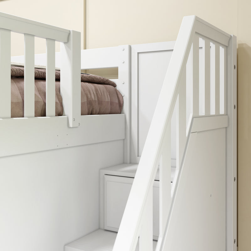 JOINT XL WS : Quad Corner Bunk Full XL + Twin XL Medium Corner Bunk with Angled Ladder and Stairs on Right, Slat, White