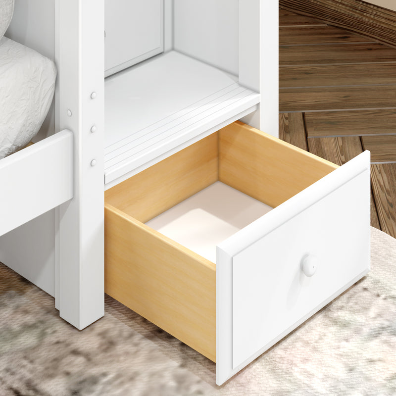 JOINT XL WS : Quad Corner Bunk Full XL + Twin XL Medium Corner Bunk with Angled Ladder and Stairs on Right, Slat, White