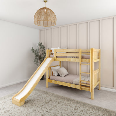 JOLLY NS : Bunk Bed Classic Mid Twin Bunk Bed with Slide and Straight Ladder on Front, Natural Birch Slats