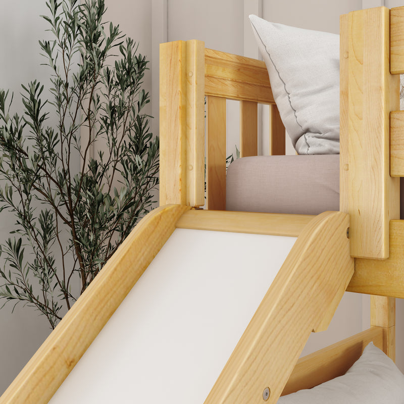 JOLLY NS : Bunk Bed Classic Mid Twin Bunk Bed with Slide and Straight Ladder on Front, Natural Birch Slats