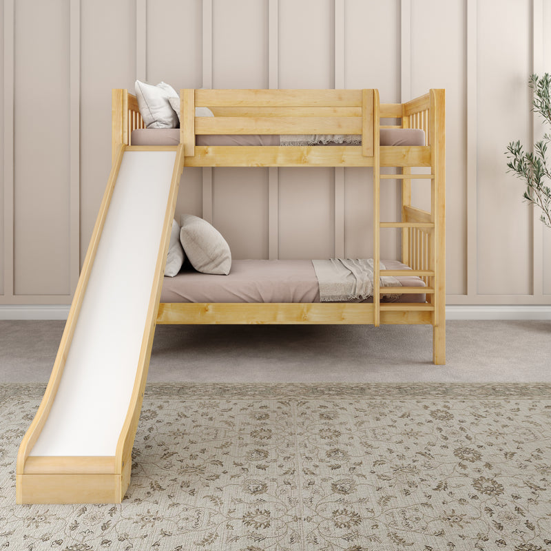 JOLLY NS : Bunk Bed Classic Mid Twin Bunk Bed with Slide and Straight Ladder on Front, Natural Birch Slats