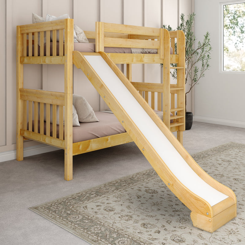 JOLLY NS : Bunk Bed Classic Mid Twin Bunk Bed with Slide and Straight Ladder on Front, Natural Birch Slats