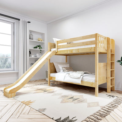 JOLLY XL 1 NP : Bunk Bed Classic Mid Twin XL Bunk Bed with Slide and Straight Ladder on End, Natural Birch Panel