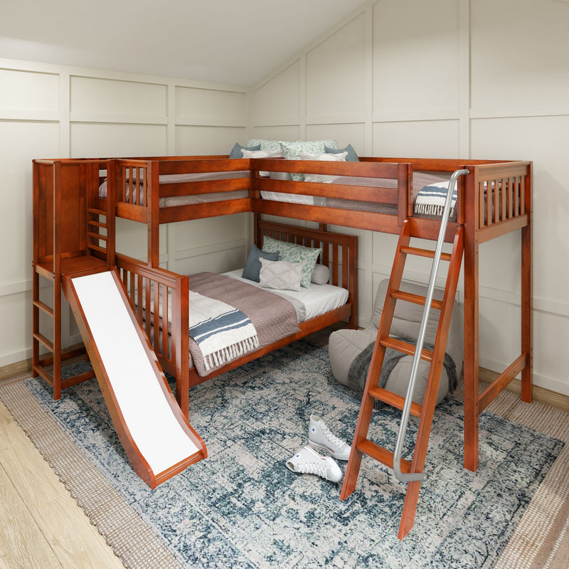 JUMBLE CS : Corner Loft Bunk High Twin over Full Corner Loft Bunk Bed with Ladder + Slide Platform, Slat, Chestnut