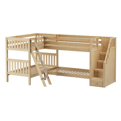 JUNCTURE NS : Quad Corner Bunk Twin Mid Quad Corner Bunk with Stairs + Angled Ladder on Right on Front, Natural Birch Slats