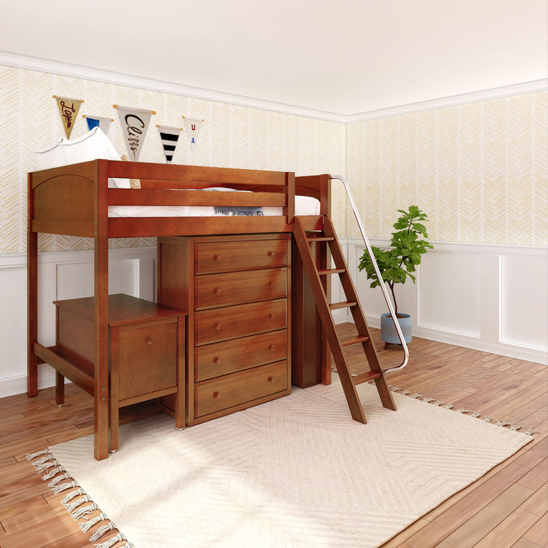 KAISER23 CP : Loft Bed Full High Loft w/ angled ladder, 5 drawer dresser, 2 drawer student desk, 15" High Bookcase, 37.5" High Bookcase, Panel, Chestnut