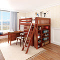 KAISER23 CS : Loft Bed Full High Loft w/ angled ladder, 5 drawer dresser, 2 drawer student desk, 15" High Bookcase, 37.5" High Bookcase, Slat, Chestnut