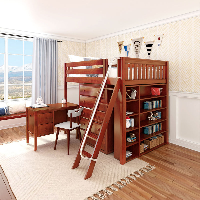 KAISER23 CS : Loft Bed Full High Loft w/ angled ladder, 5 drawer dresser, 2 drawer student desk, 15" High Bookcase, 37.5" High Bookcase, Slat, Chestnut