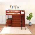 KAISER23 CS : Loft Bed Full High Loft w/ angled ladder, 5 drawer dresser, 2 drawer student desk, 15" High Bookcase, 37.5" High Bookcase, Slat, Chestnut