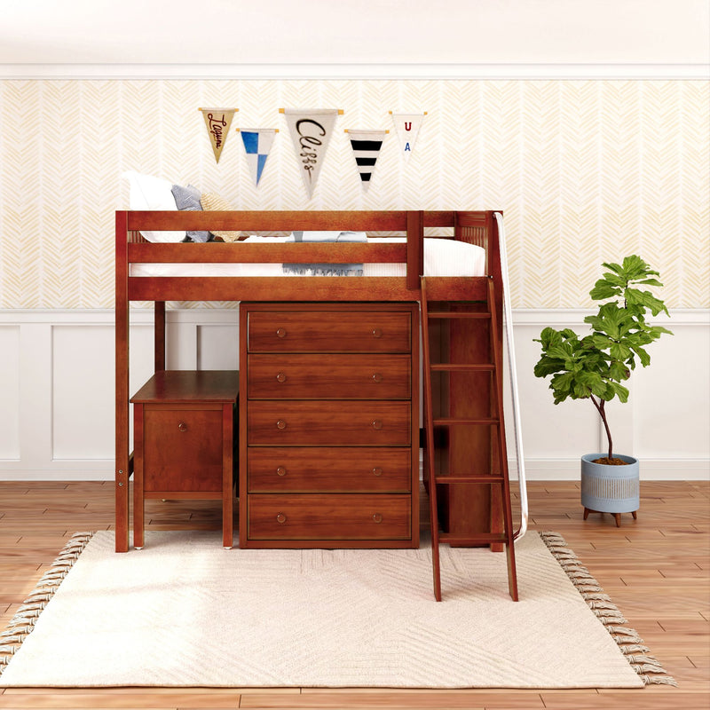 KAISER23 CS : Loft Bed Full High Loft w/ angled ladder, 5 drawer dresser, 2 drawer student desk, 15" High Bookcase, 37.5" High Bookcase, Slat, Chestnut