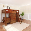 KAISER23 CS : Loft Bed Full High Loft w/ angled ladder, 5 drawer dresser, 2 drawer student desk, 15" High Bookcase, 37.5" High Bookcase, Slat, Chestnut