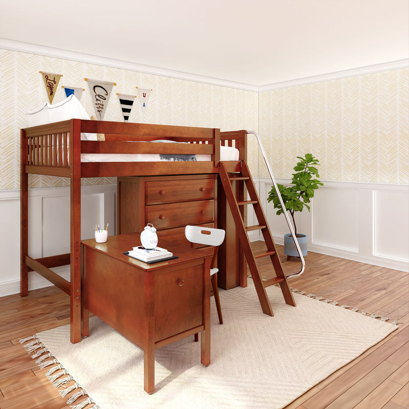 KAISER23 CS : Loft Bed Full High Loft w/ angled ladder, 5 drawer dresser, 2 drawer student desk, 15" High Bookcase, 37.5" High Bookcase, Slat, Chestnut