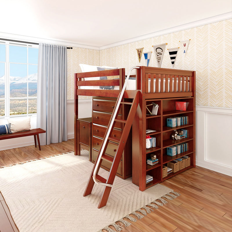 KAISER23 CS : Loft Bed Full High Loft w/ angled ladder, 5 drawer dresser, 2 drawer student desk, 15" High Bookcase, 37.5" High Bookcase, Slat, Chestnut