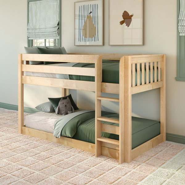 KICKBALL NS : Bunk Bed Twin Floor Bunk Bed with Straight Ladder on Front, Natural Birch Slats