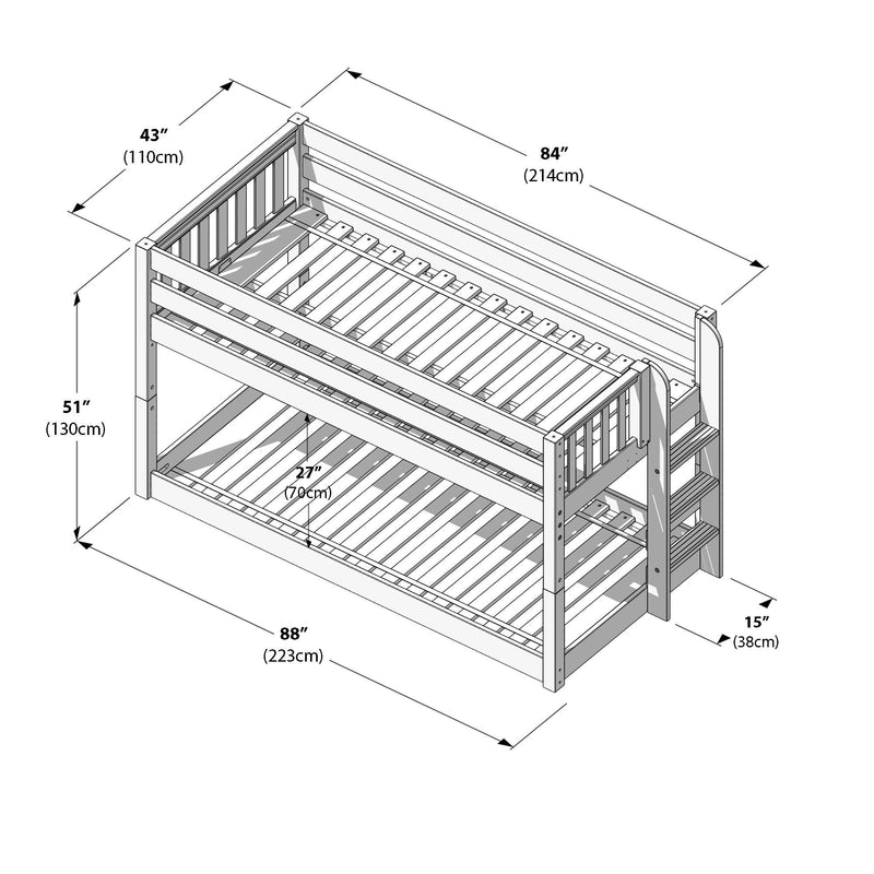 KICKBALL XL 1 WS : Bunk Bed Twin XL Floor Bunk Bed with Straight Ladder on End, Classic White Slats