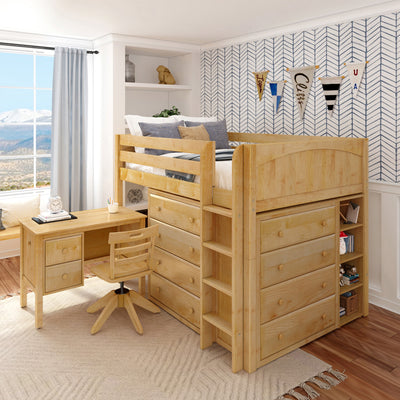 KING11 NP : Loft Bed Full Mid Loft w/ Straight ladder, 2X4 drawer dressers, 2 drawer student desk, 15" Mid Bookcase, Panel, Natural