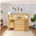 KING11 NP : Loft Bed Full Mid Loft w/ Straight ladder, 2X4 drawer dressers, 2 drawer student desk, 15" Mid Bookcase, Panel, Natural