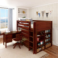 KING13 CP : Loft Bed Full Mid Loft w/ Straight ladder, 4 drawer dressers, 2 drawer student desk, 52.5" Mid Bookcase, Panel, Chestnut
