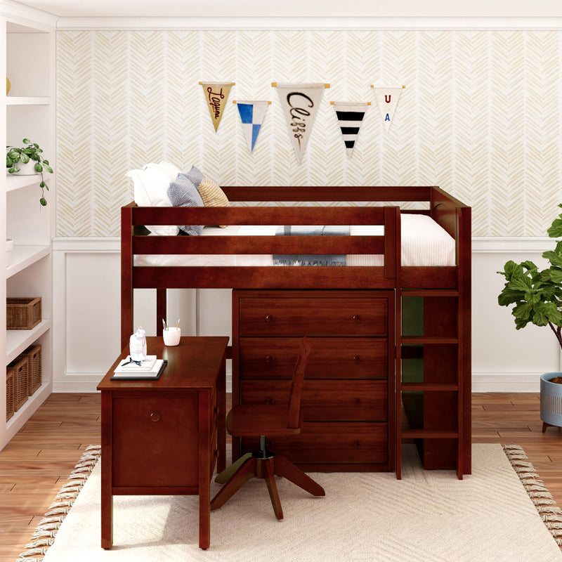 KING13 CP : Loft Bed Full Mid Loft w/ Straight ladder, 4 drawer dressers, 2 drawer student desk, 52.5" Mid Bookcase, Panel, Chestnut
