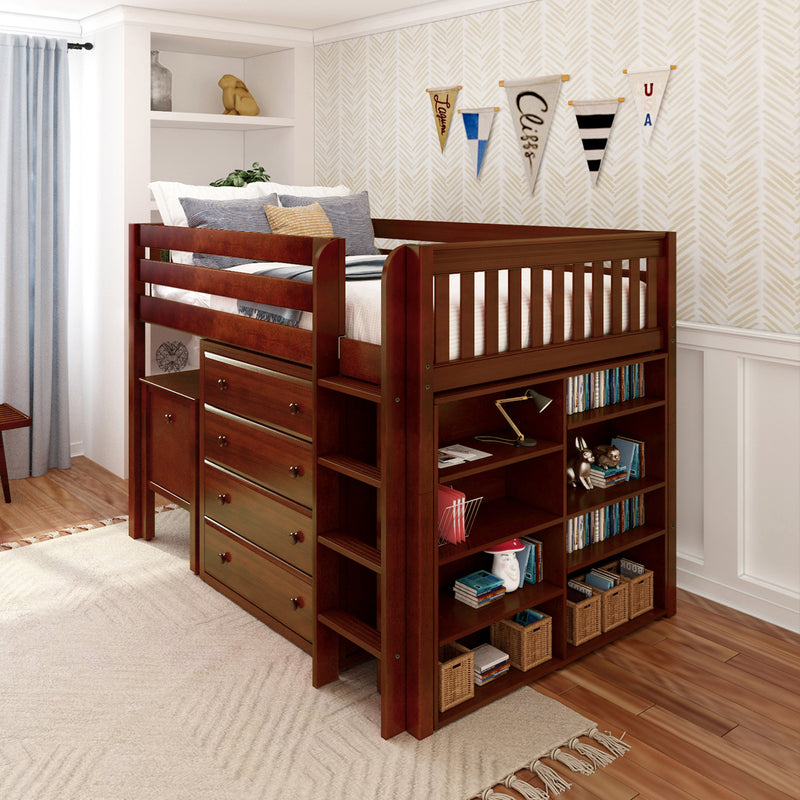 KING13 CS : Loft Bed Full Mid Loft w/ Straight ladder, 4 drawer dressers, 2 drawer student desk, 52.5" Mid Bookcase, Slat, Chestnut