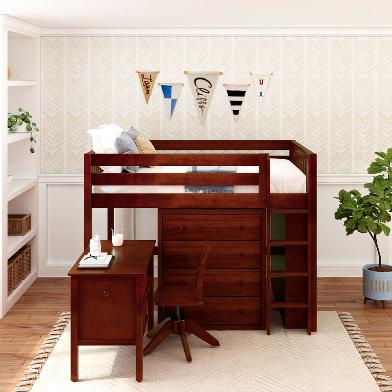 KING13 CS : Loft Bed Full Mid Loft w/ Straight ladder, 4 drawer dressers, 2 drawer student desk, 52.5" Mid Bookcase, Slat, Chestnut
