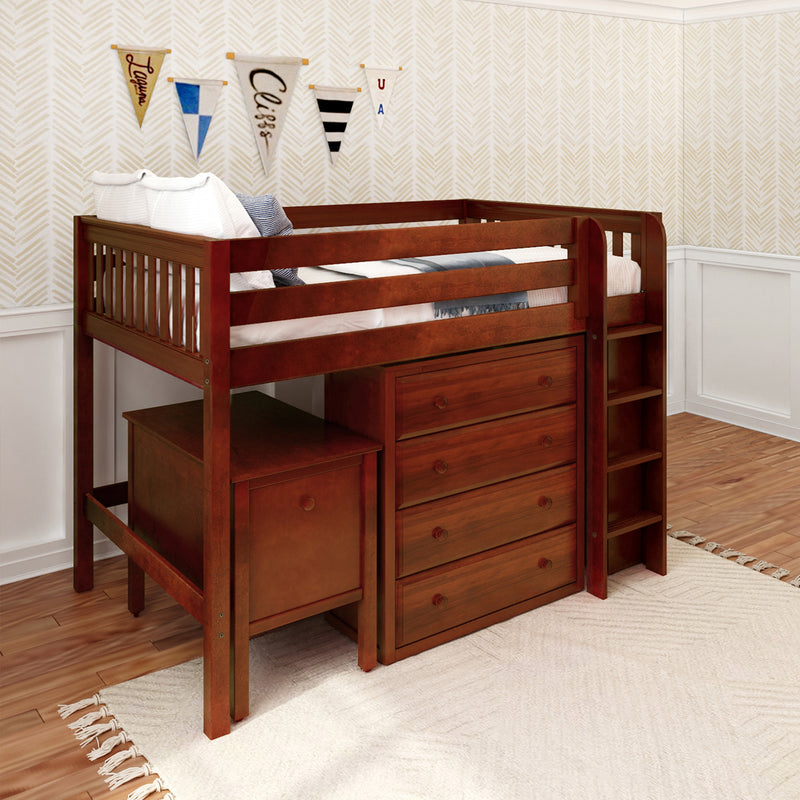 KING13 CS : Loft Bed Full Mid Loft w/ Straight ladder, 4 drawer dressers, 2 drawer student desk, 52.5" Mid Bookcase, Slat, Chestnut
