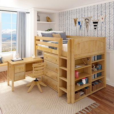 KING13 NP : Loft Bed Full Mid Loft w/ Straight ladder, 4 drawer dressers, 2 drawer student desk, 52.5" Mid Bookcase, Panel, Natural