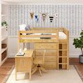 KING13 NP : Loft Bed Full Mid Loft w/ Straight ladder, 4 drawer dressers, 2 drawer student desk, 52.5" Mid Bookcase, Panel, Natural