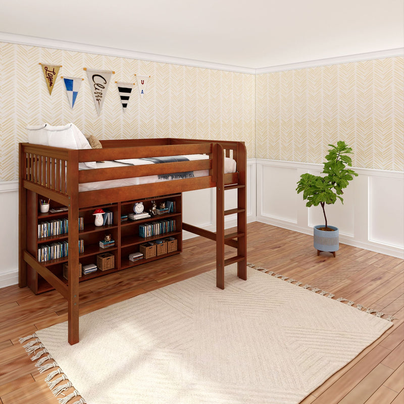KING LIB CS : Loft Bed Full Library Mid Loft, Slat, Chestnut