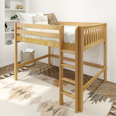 KING NS : Loft Bed Full Mid Loft Bed with Straight Ladder on Front, Natural Birch Slats