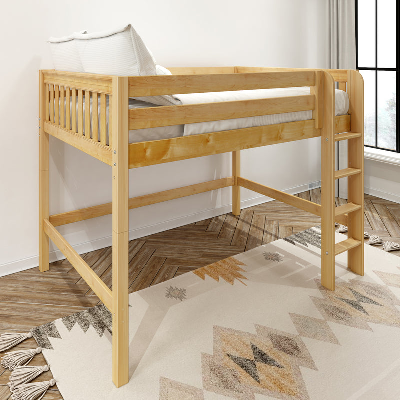 KING NS : Loft Bed Full Mid Loft Bed with Straight Ladder on Front, Natural Birch Slats