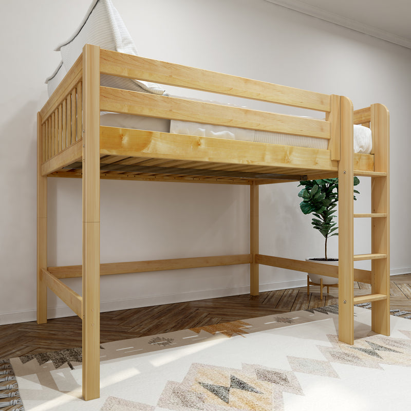 KING NS : Loft Bed Full Mid Loft Bed with Straight Ladder on Front, Natural Birch Slats