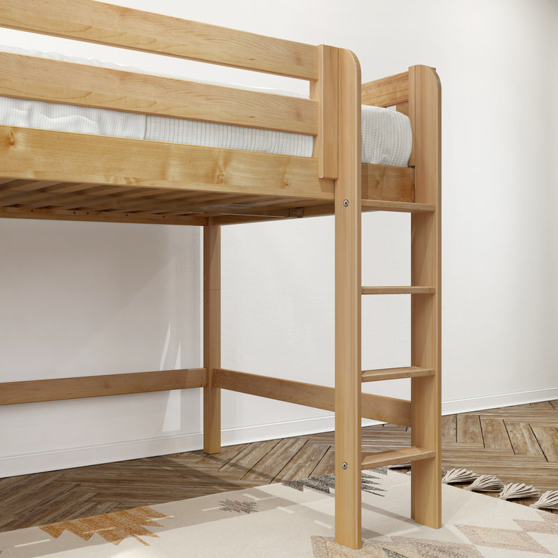 KING NS : Loft Bed Full Mid Loft Bed with Straight Ladder on Front, Natural Birch Slats