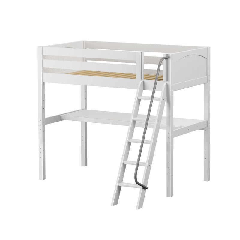 KNOCKOUT1 WP : Loft Bed Twin High Loft Study Bed with Long Desk and Angled Ladder on Front, Classic White Panel