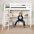 KNOCKOUT1 WP : Loft Bed Twin High Loft Study Bed with Long Desk and Angled Ladder on Front, Classic White Panel