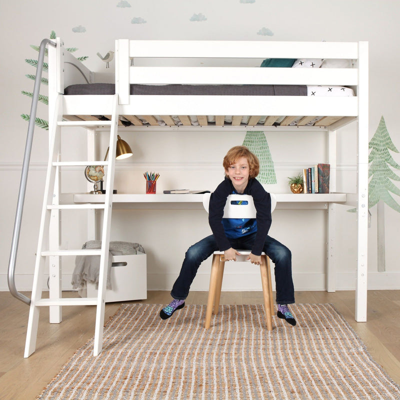 KNOCKOUT1 WP : Loft Bed Twin High Loft Study Bed with Long Desk and Angled Ladder on Front, Classic White Panel