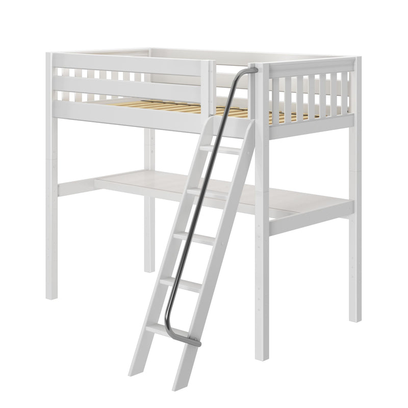KNOCKOUT1 WS : Loft Bed Twin High Loft Study Bed with Long Desk and Angled Ladder on Front, Classic White Slats