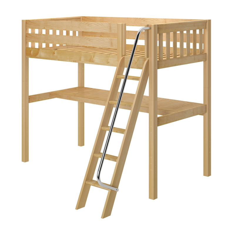 KNOCKOUT1 XL NS : Loft Bed Twin XL High Loft Study Bed with Long Desk and Angled Ladder on Front, Natural Birch Slats
