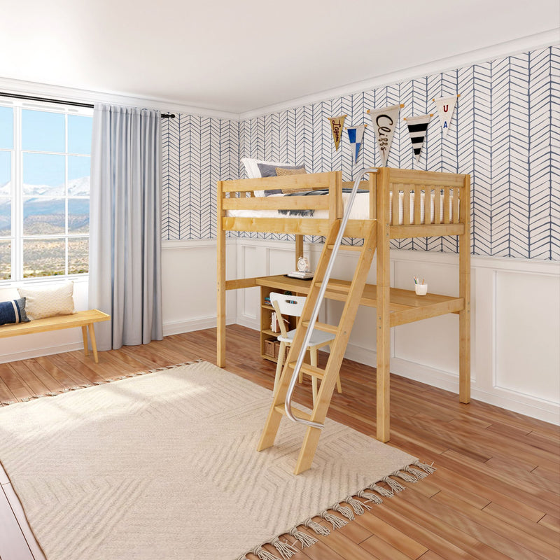 KNOCKOUT8 NS : Loft Bed Twin High Loft w/angled ladder, long desk, 22.5" low bookcase, Slat, Natural