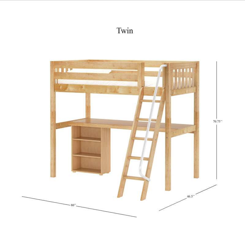 KNOCKOUT8 NS : Loft Bed Twin High Loft w/angled ladder, long desk, 22.5" low bookcase, Slat, Natural