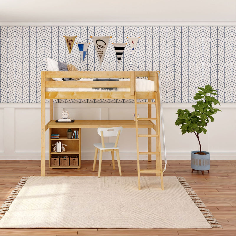 KNOCKOUT8 NS : Loft Bed Twin High Loft w/angled ladder, long desk, 22.5" low bookcase, Slat, Natural