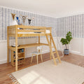 KNOCKOUT8 NS : Loft Bed Twin High Loft w/angled ladder, long desk, 22.5" low bookcase, Slat, Natural