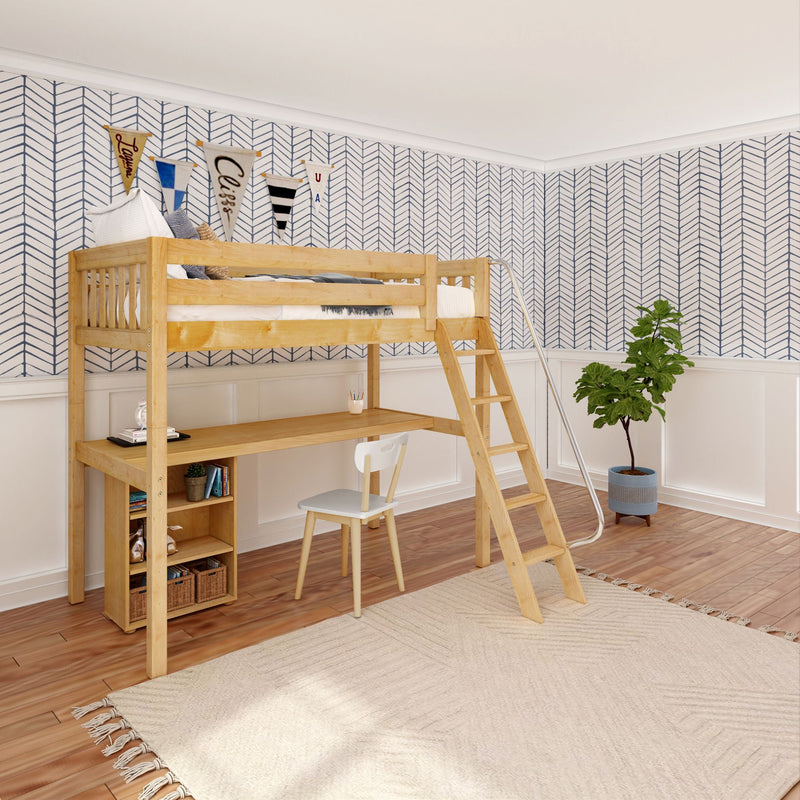 KNOCKOUT8 NS : Loft Bed Twin High Loft w/angled ladder, long desk, 22.5" low bookcase, Slat, Natural