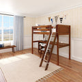 KNOCKOUT8 XL CP : Loft Bed Twin XL High Loft w/angled ladder, long desk, 22.5" low bookcase, Panel, Chestnut