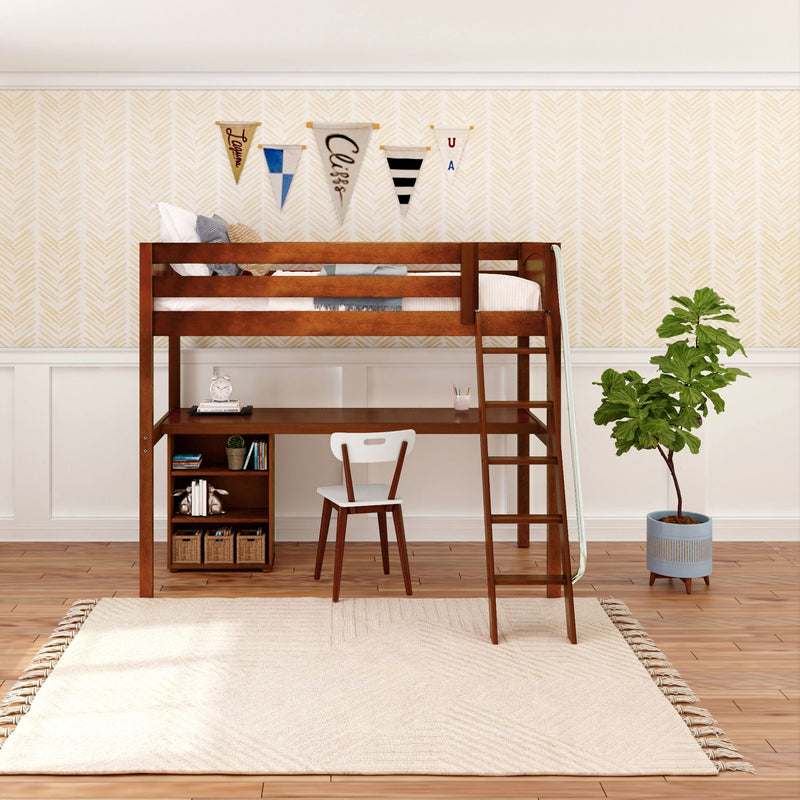 KNOCKOUT8 XL CP : Loft Bed Twin XL High Loft w/angled ladder, long desk, 22.5" low bookcase, Panel, Chestnut