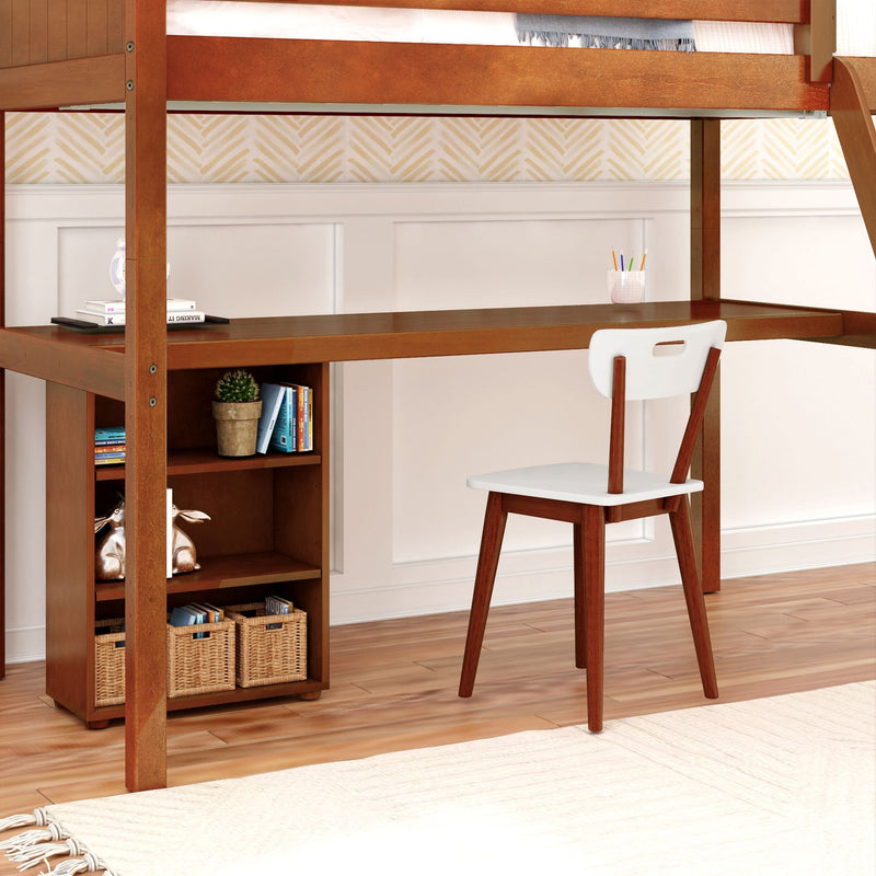 KNOCKOUT8 XL CP : Loft Bed Twin XL High Loft w/angled ladder, long desk, 22.5" low bookcase, Panel, Chestnut
