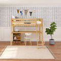 KNOCKOUT8 XL NP : Loft Bed Twin XL High Loft w/angled ladder, long desk, 22.5" low bookcase, Panel, Natural