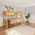 KNOCKOUT8 XL NP : Loft Bed Twin XL High Loft w/angled ladder, long desk, 22.5" low bookcase, Panel, Natural